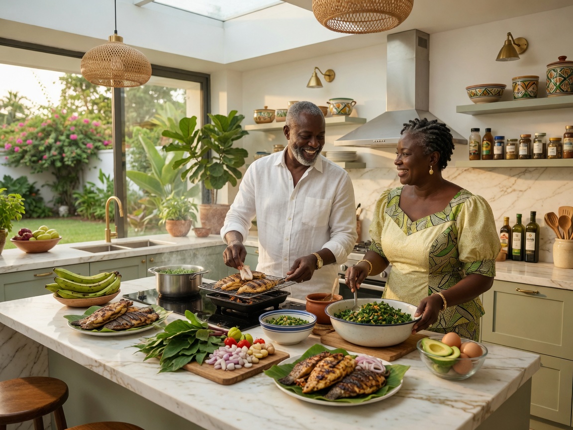 Ghanaian couple preparing healthy local food